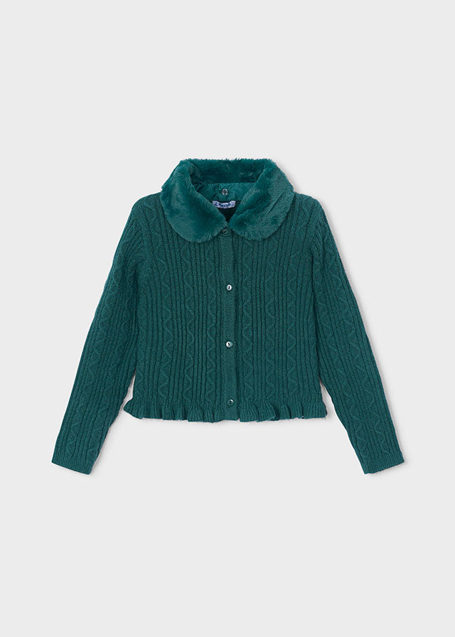 Faux Fur Collar Cardigan, Green, 4324