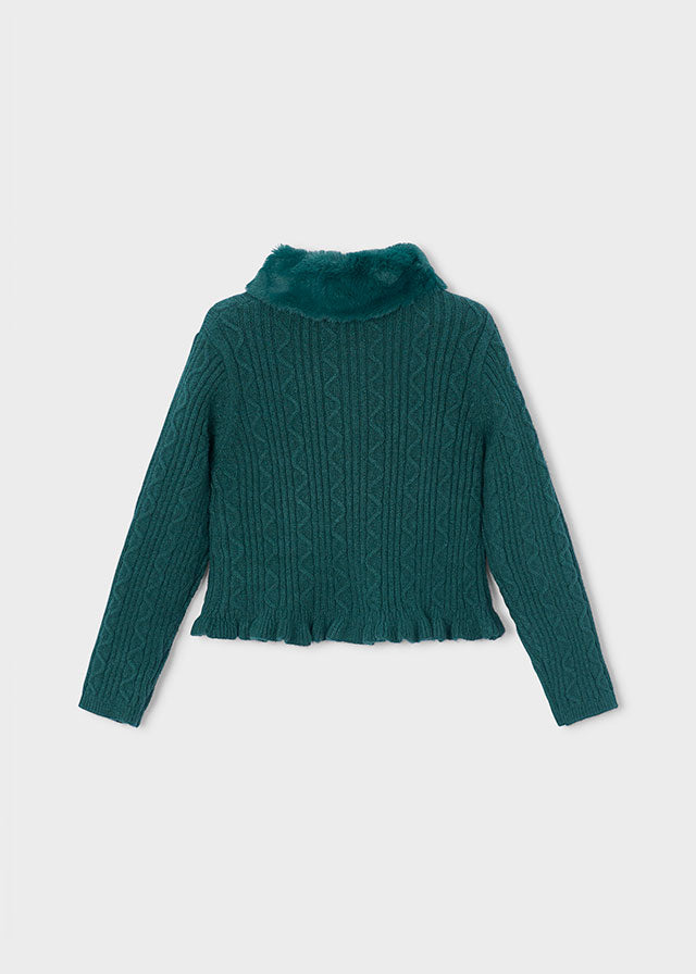 Faux Fur Collar Cardigan, Green, 4324