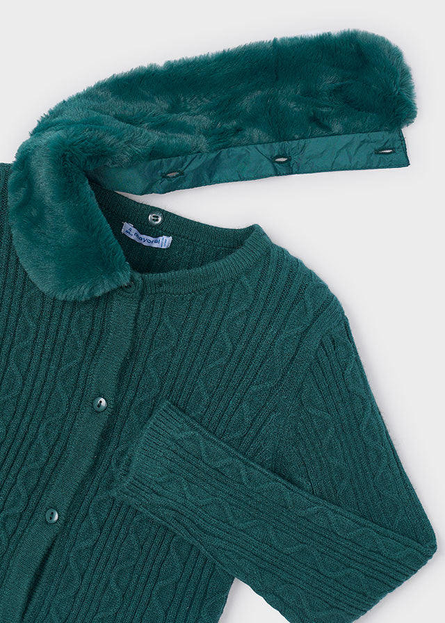 Faux Fur Collar Cardigan, Green, 4324
