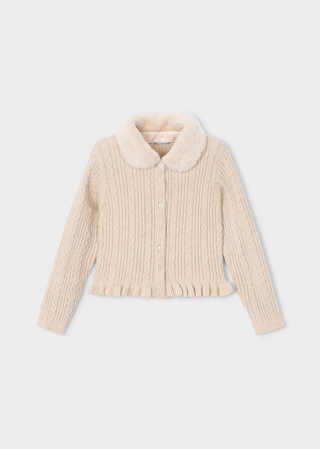Faux Fur Collar Cardigan, Cream, 4324