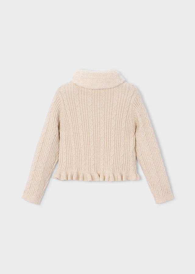 Faux Fur Collar Cardigan, Cream, 4324