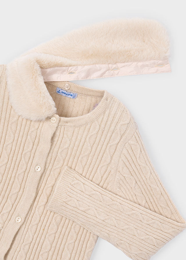 Faux Fur Collar Cardigan, Cream, 4324