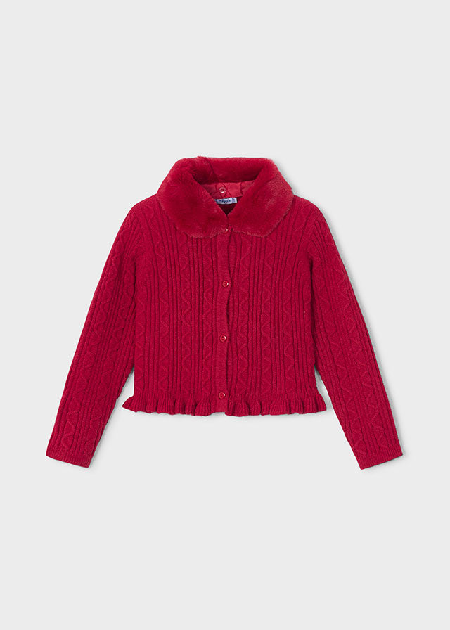 Faux Fur Collar Cardigan, Red, 4324