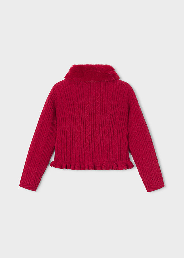 Faux Fur Collar Cardigan, Red, 4324