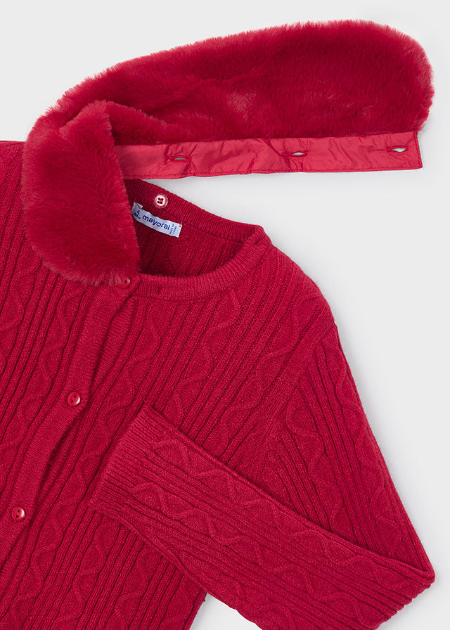 Faux Fur Collar Cardigan, Red, 4324
