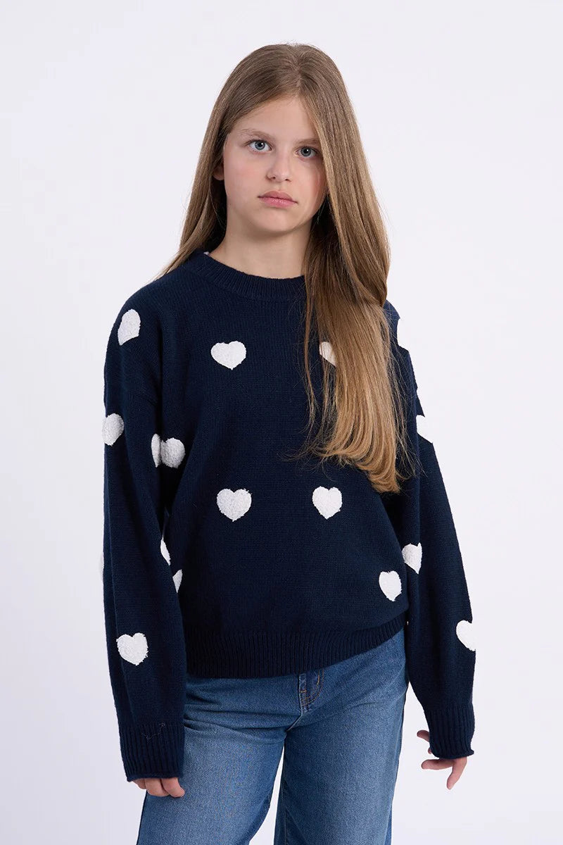 Knit Sweater w/Hearts, Navy