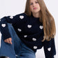 Knit Sweater w/Hearts, Navy