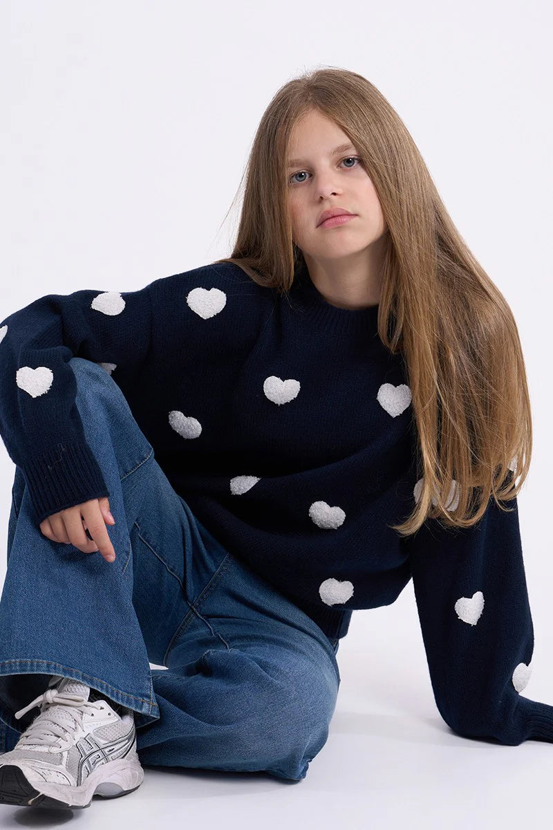 Knit Sweater w/Hearts, Navy