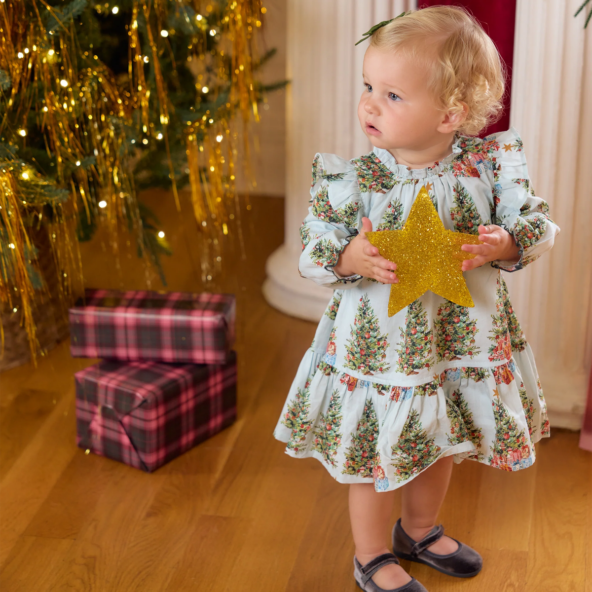 Harper Baby Dress Set, Trees and Presents