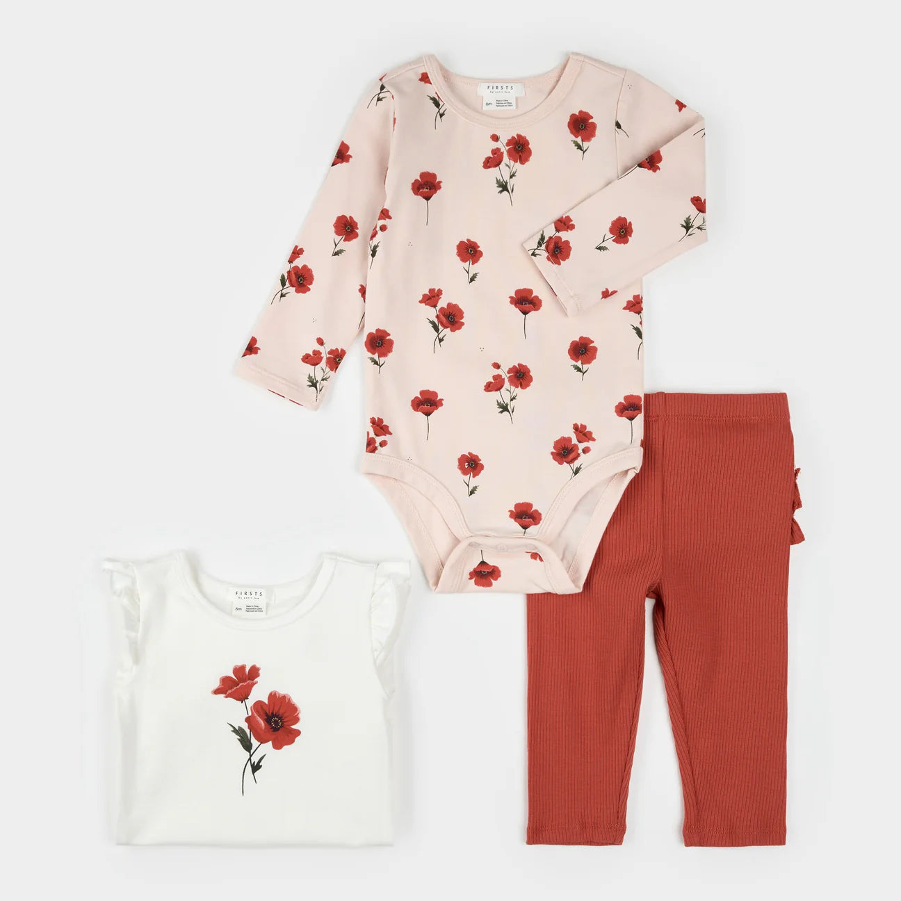 L/S White Ruffle Sleeve Bodysuit w/Poppy