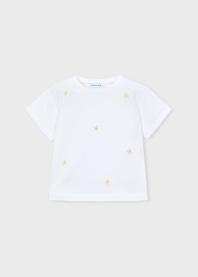 S/S Tee, Flower Applique, White, 3013