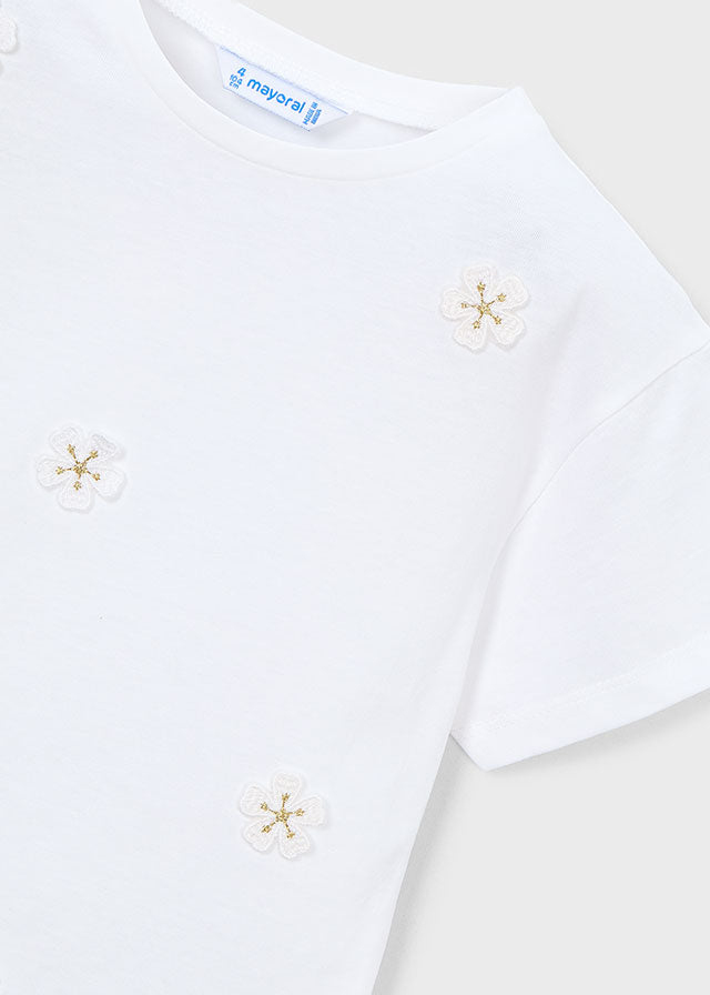 S/S Tee, Flower Applique, White, 3013