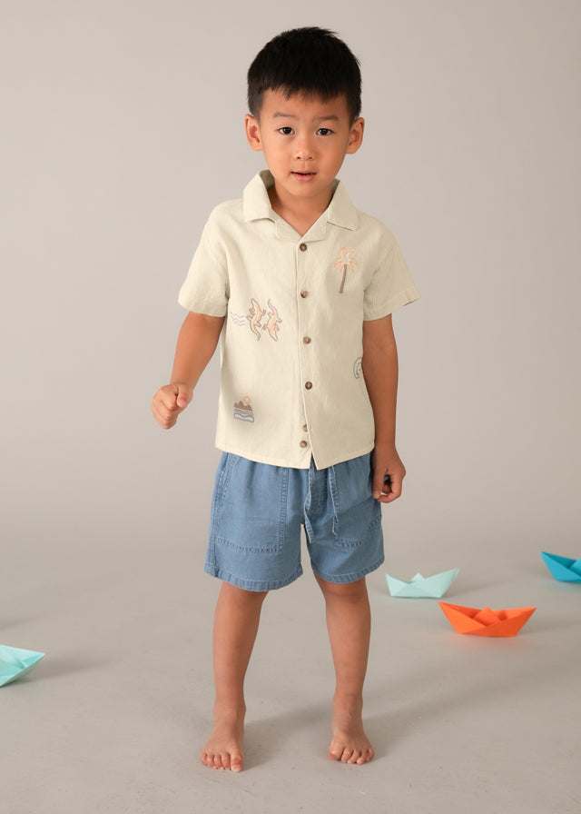 S/S Embroidered Linen Shirt, 3114