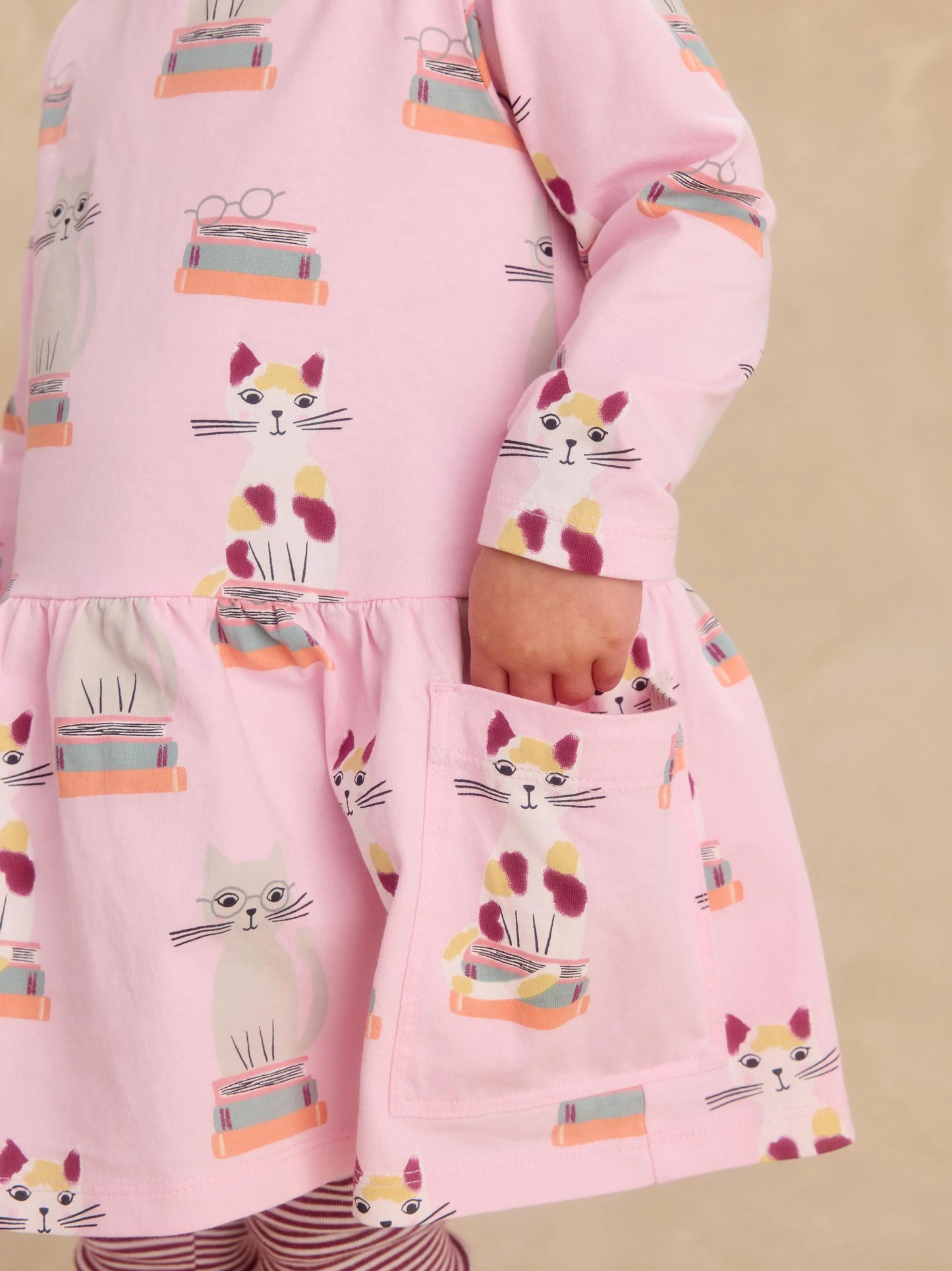 L/S Pocket Dress, Bookshop Cat