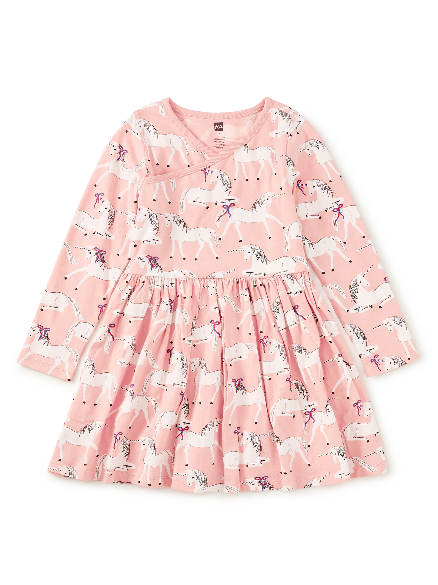 L/S Wrap Neck Dress, Royal Meadow Unicorns