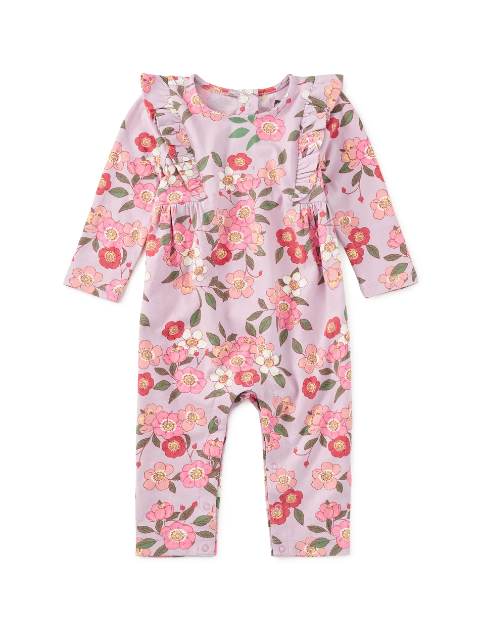 Ruffle Shoulder Baby Romper, Rosa Canina