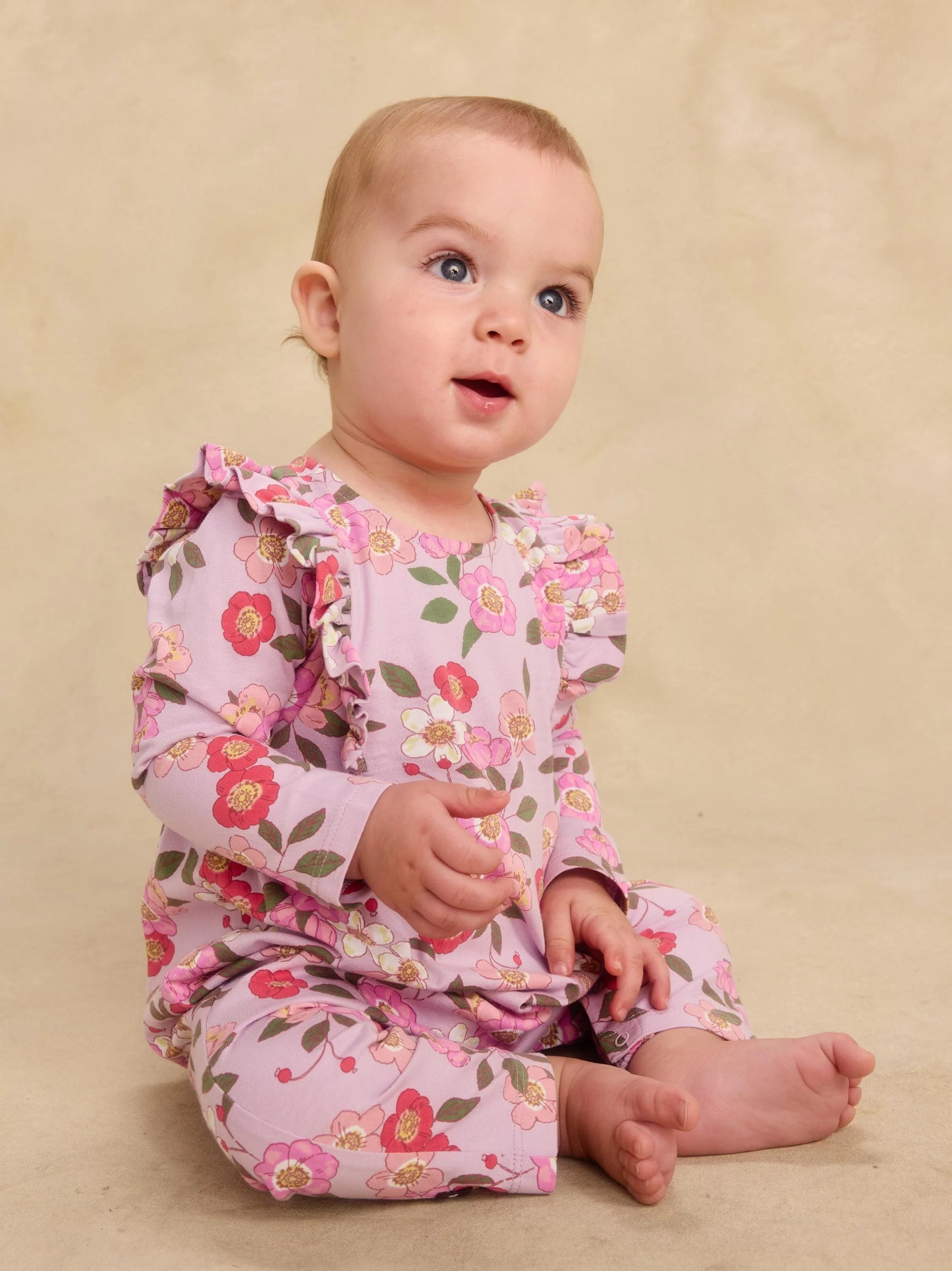 Ruffle Shoulder Baby Romper, Rosa Canina