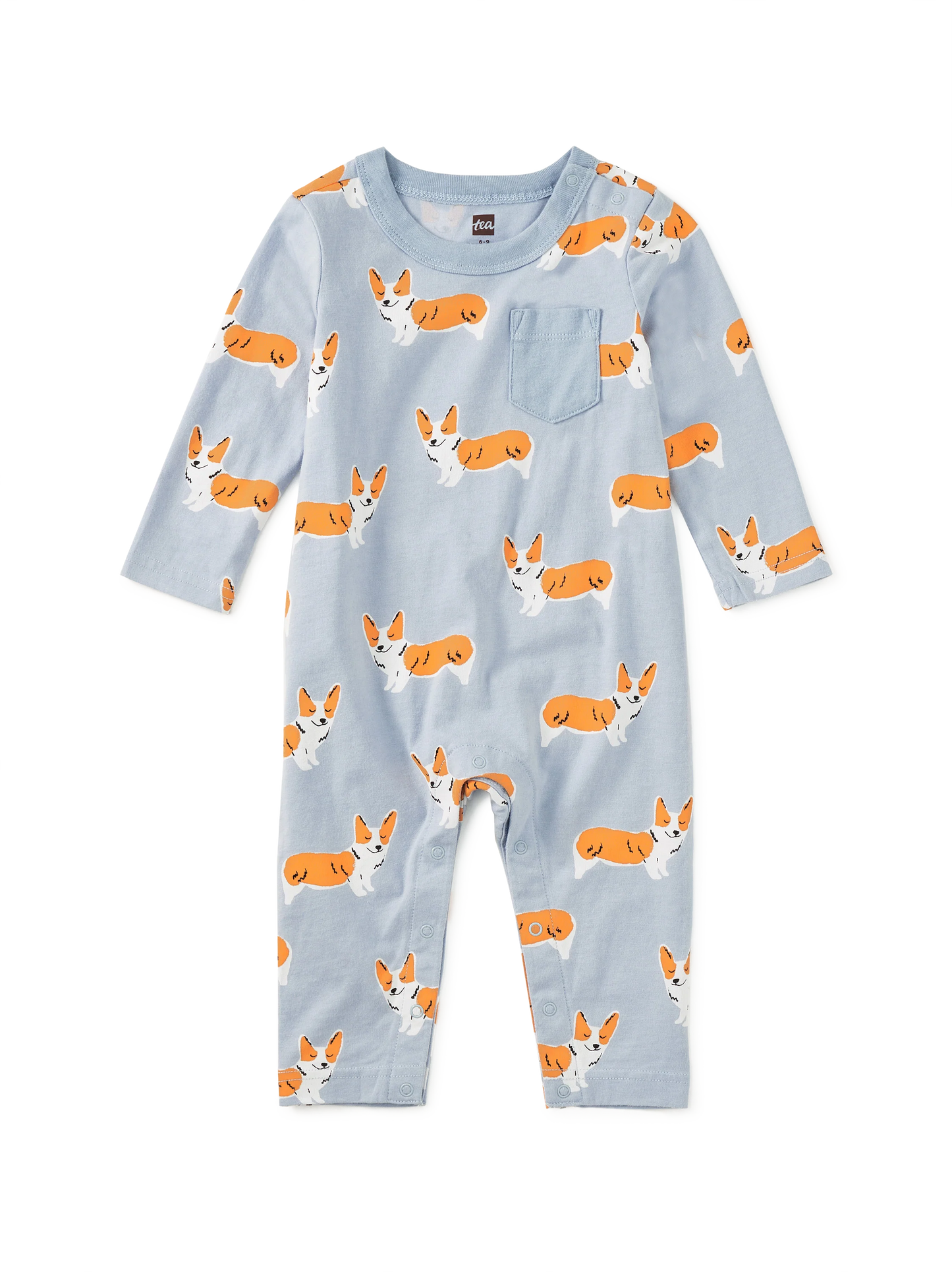 L/S Pocket Baby Romper, Cutie Corgis