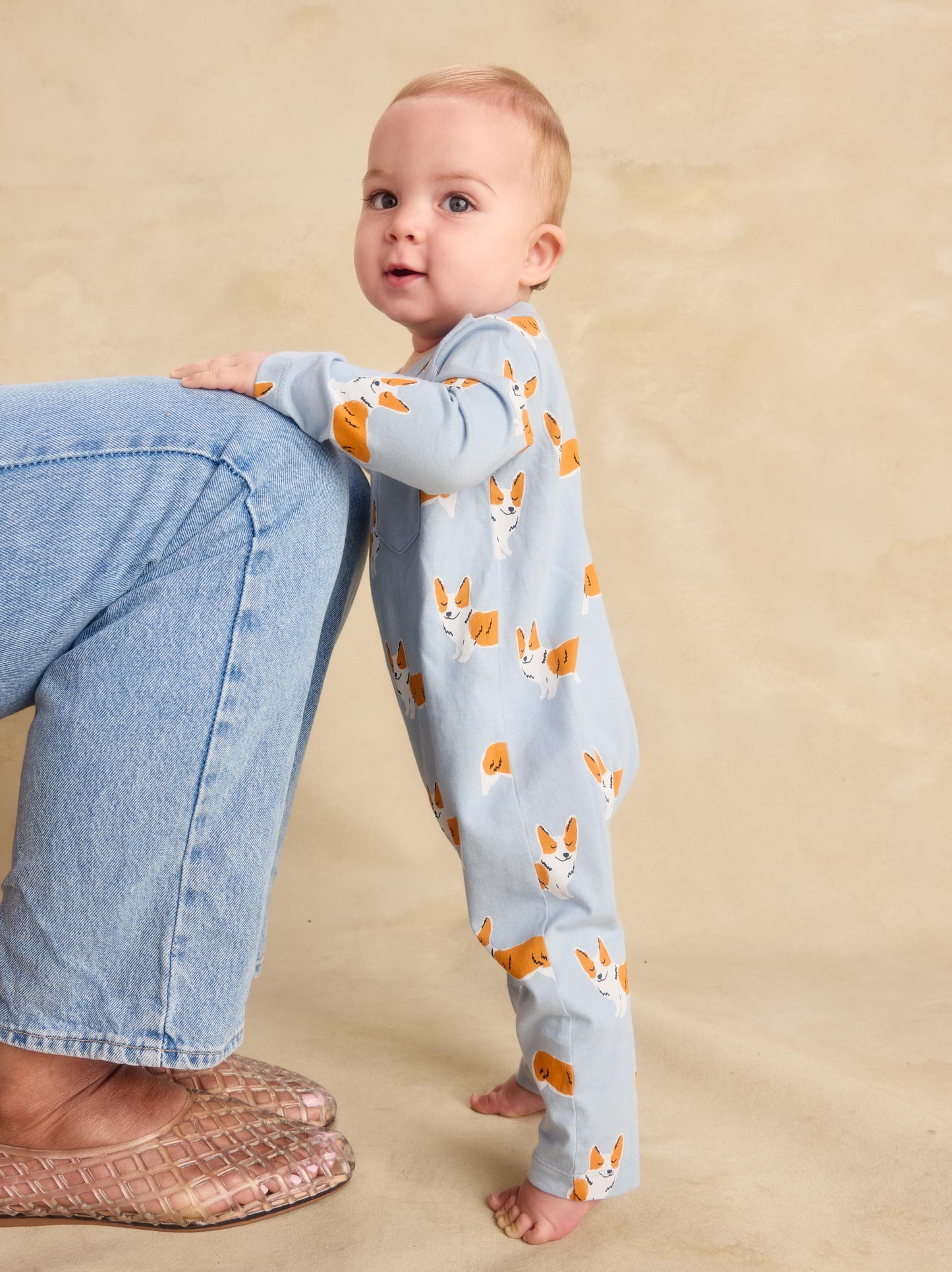 L/S Pocket Baby Romper, Cutie Corgis