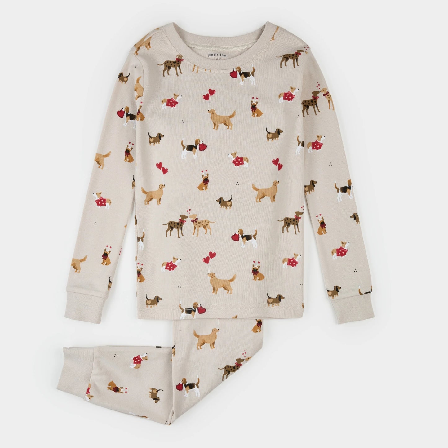 L/S Pajama Set, Puppy Love on Beige