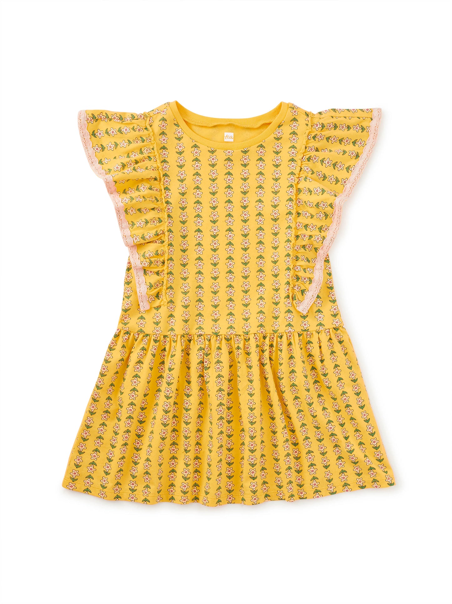 Crochet Trim Ruffle Dress, Vintage Floral Tile