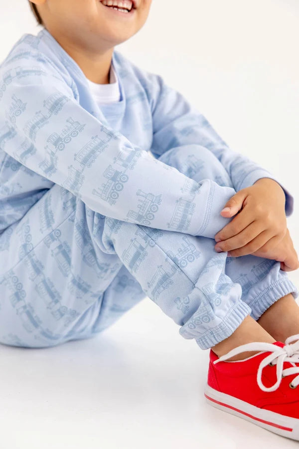 Cassidy Comfy Crewneck, Blue Choo Choos