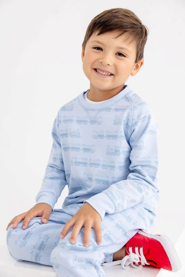 Cassidy Comfy Crewneck, Blue Choo Choos