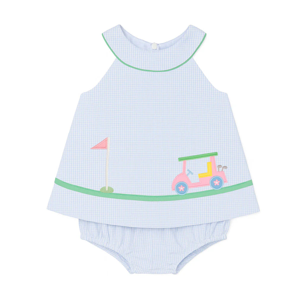 Check Seersucker Skirted Romper w/Golf Cart