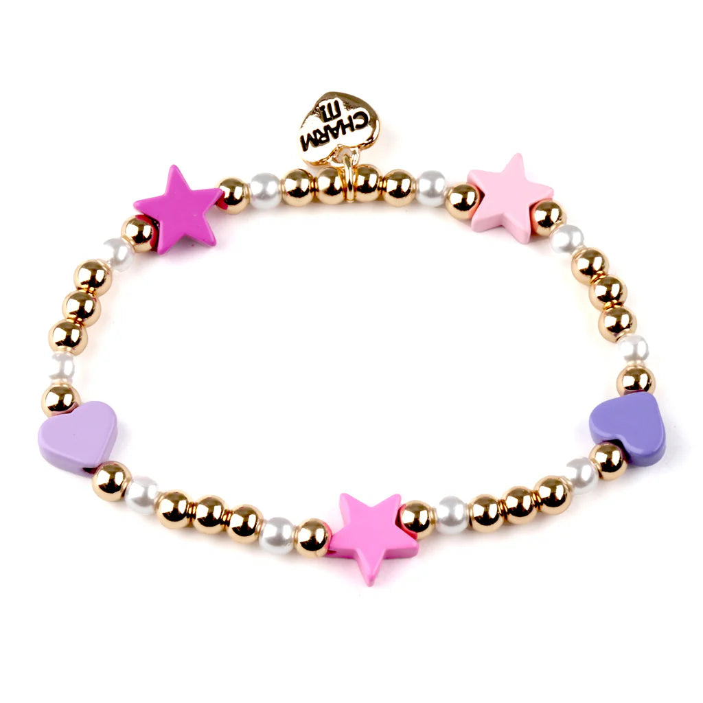 Gold Heart & Star Pearl Stretch Bead Bracelet