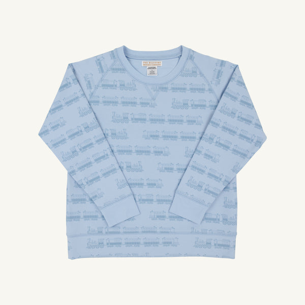 Cassidy Comfy Crewneck, Blue Choo Choos