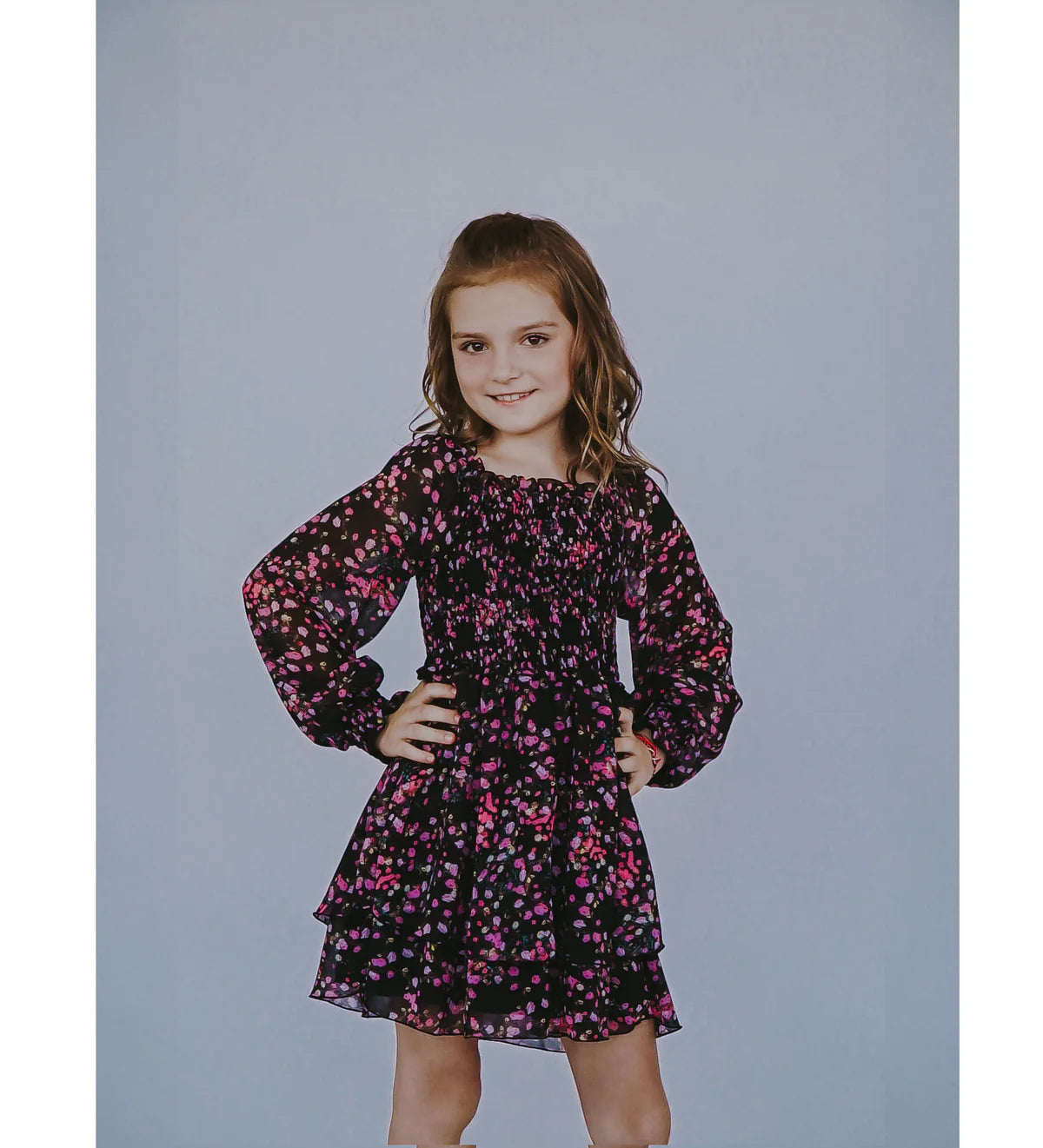Chiffon Floral S/S Smocked Dress, Black and Pink