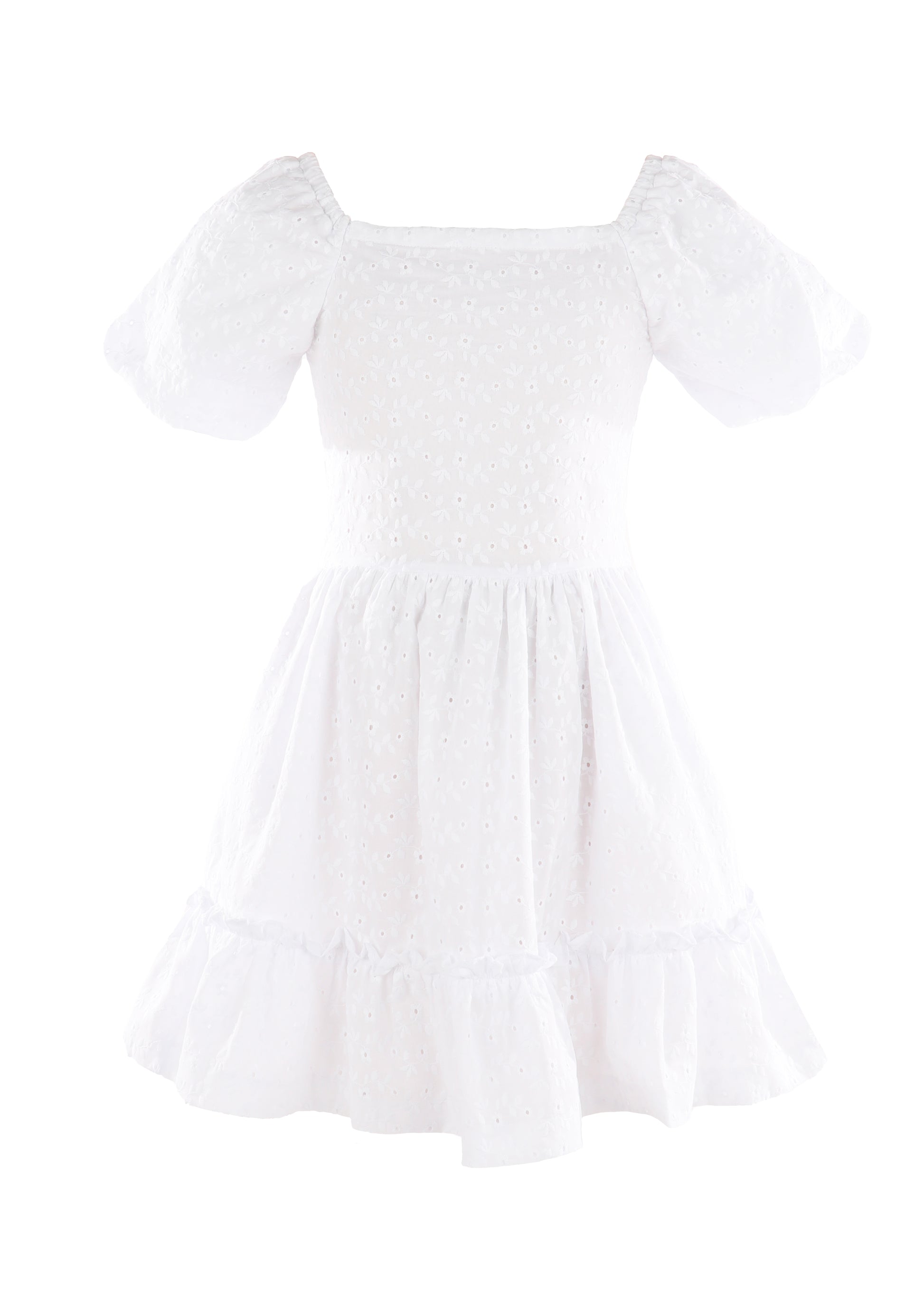 little white dress denver White Eyelet dress with a smocked bodies and puff sleeves Marley Dress, White 12