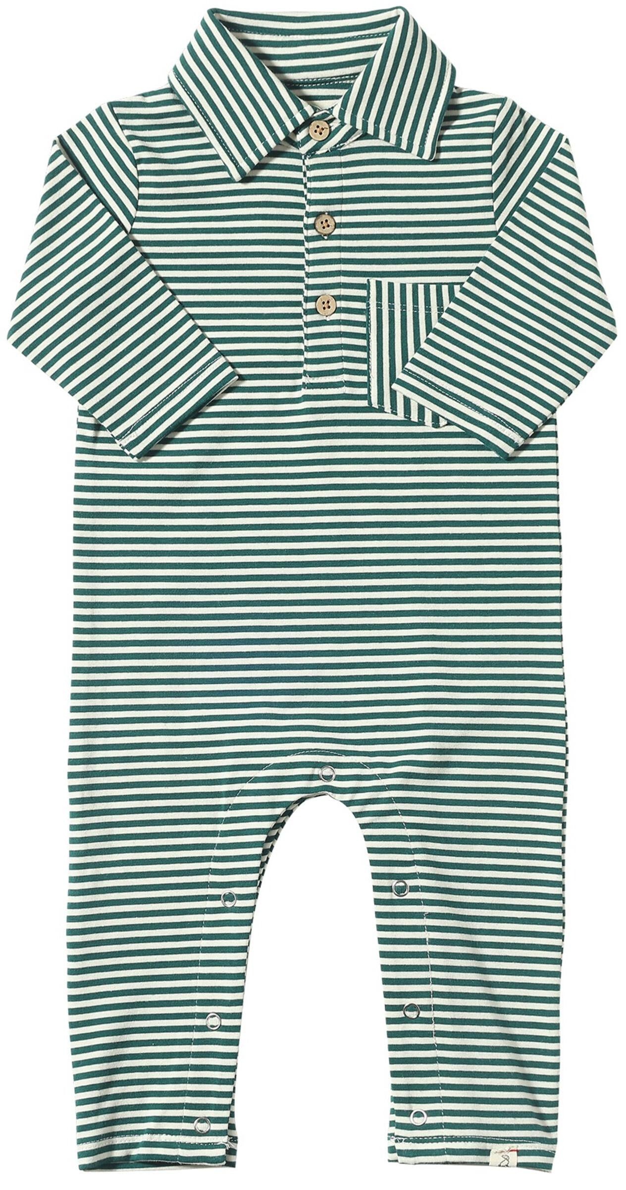 Kingston Polo Romper, Dark Green/White Stripe