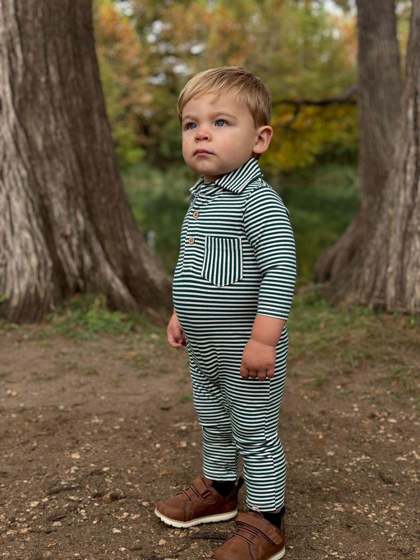 Kingston Polo Romper, Dark Green/White Stripe