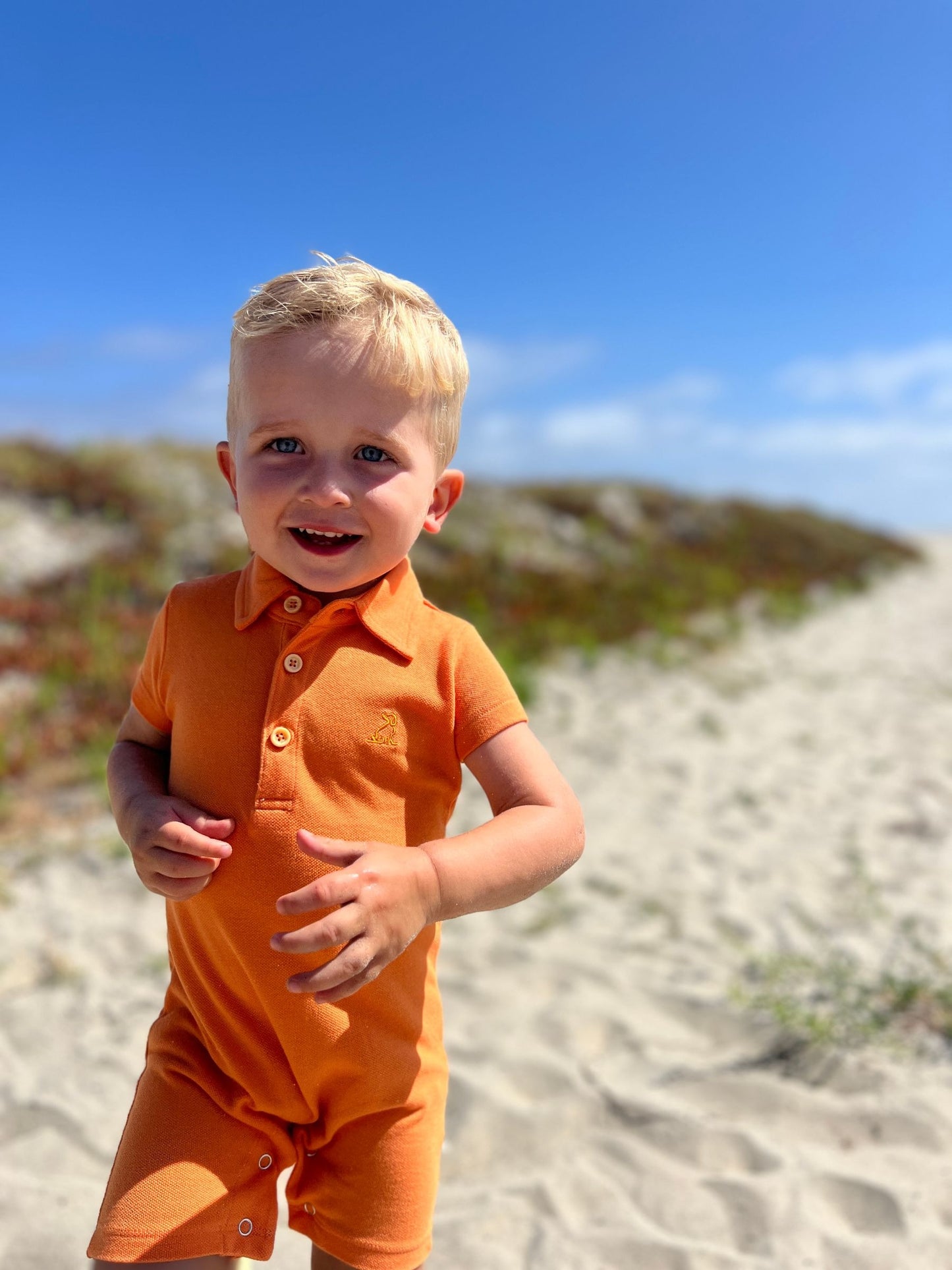 Drift Polo Romper, Tangerine Pique