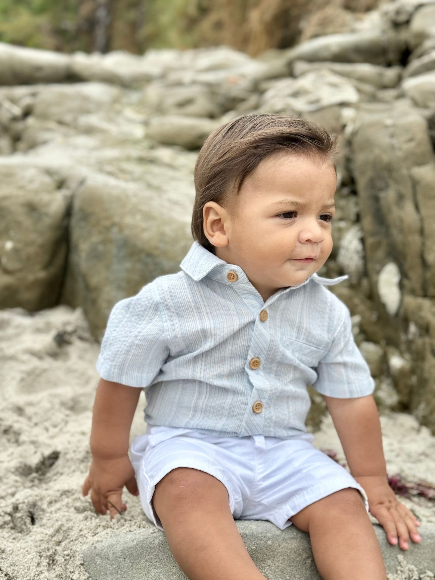 Helford Woven Onesie, Chambray Stripe