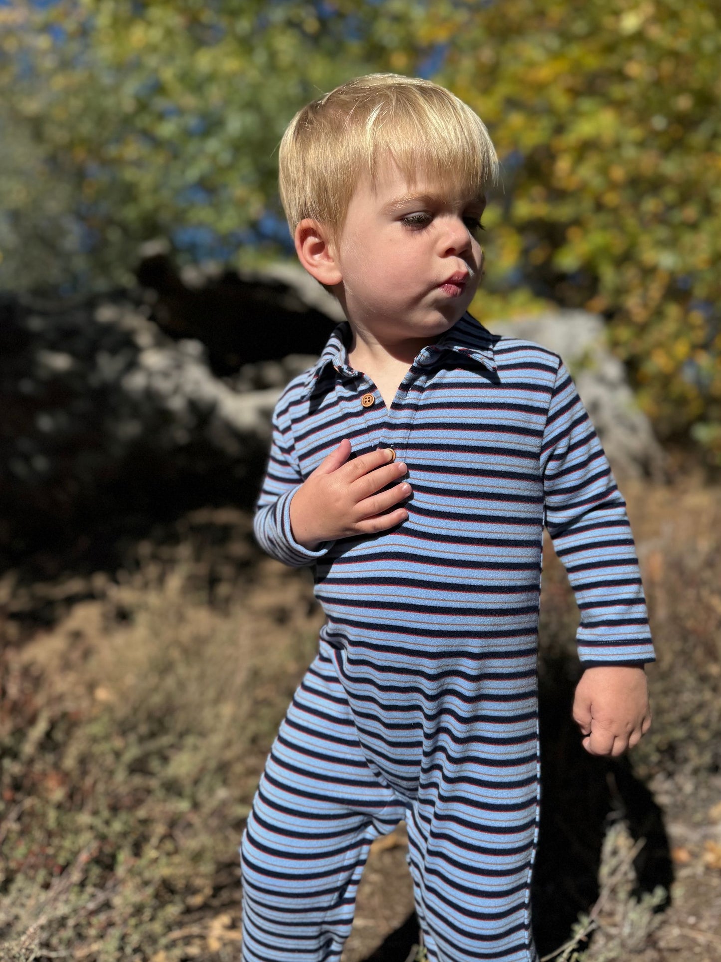 SNUGGLE Cosy Fabric Polo Romper, Blue/Navy Stripe