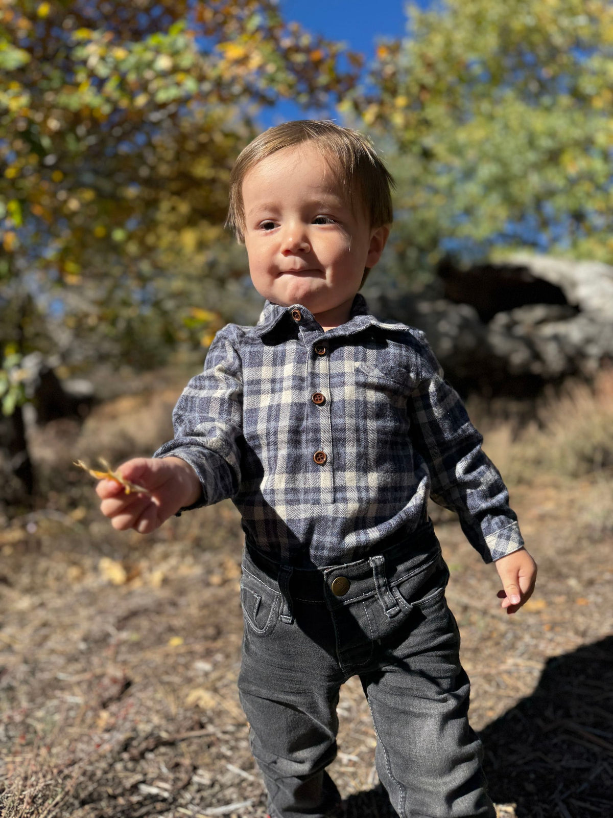 Woven Onesie and Shirt, Blue/Beige Brushed Cotton Plaid