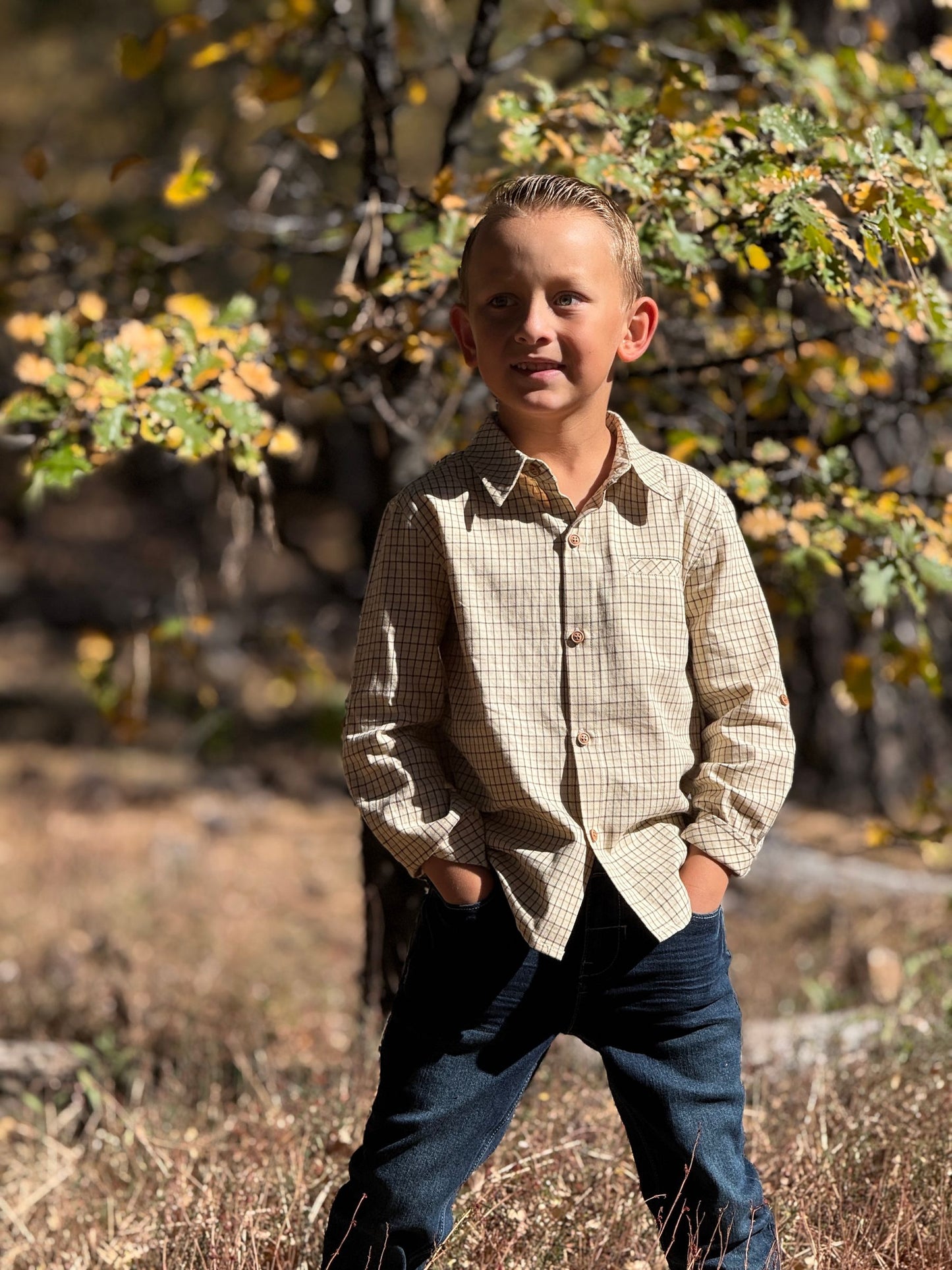 Woven Onesie and Shirt, Cream Country Plaid