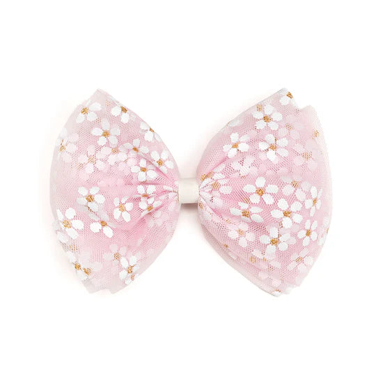 Pink Ditsy Daisy Tulle Bow Clip
