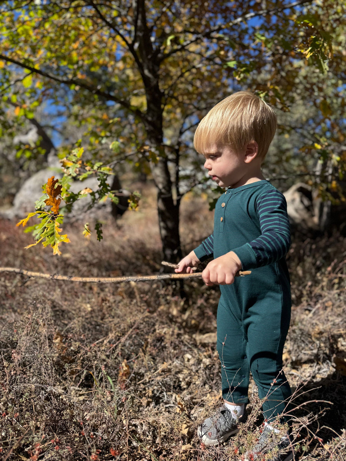ESTILL Henley Romper, Green/Navy Stripe