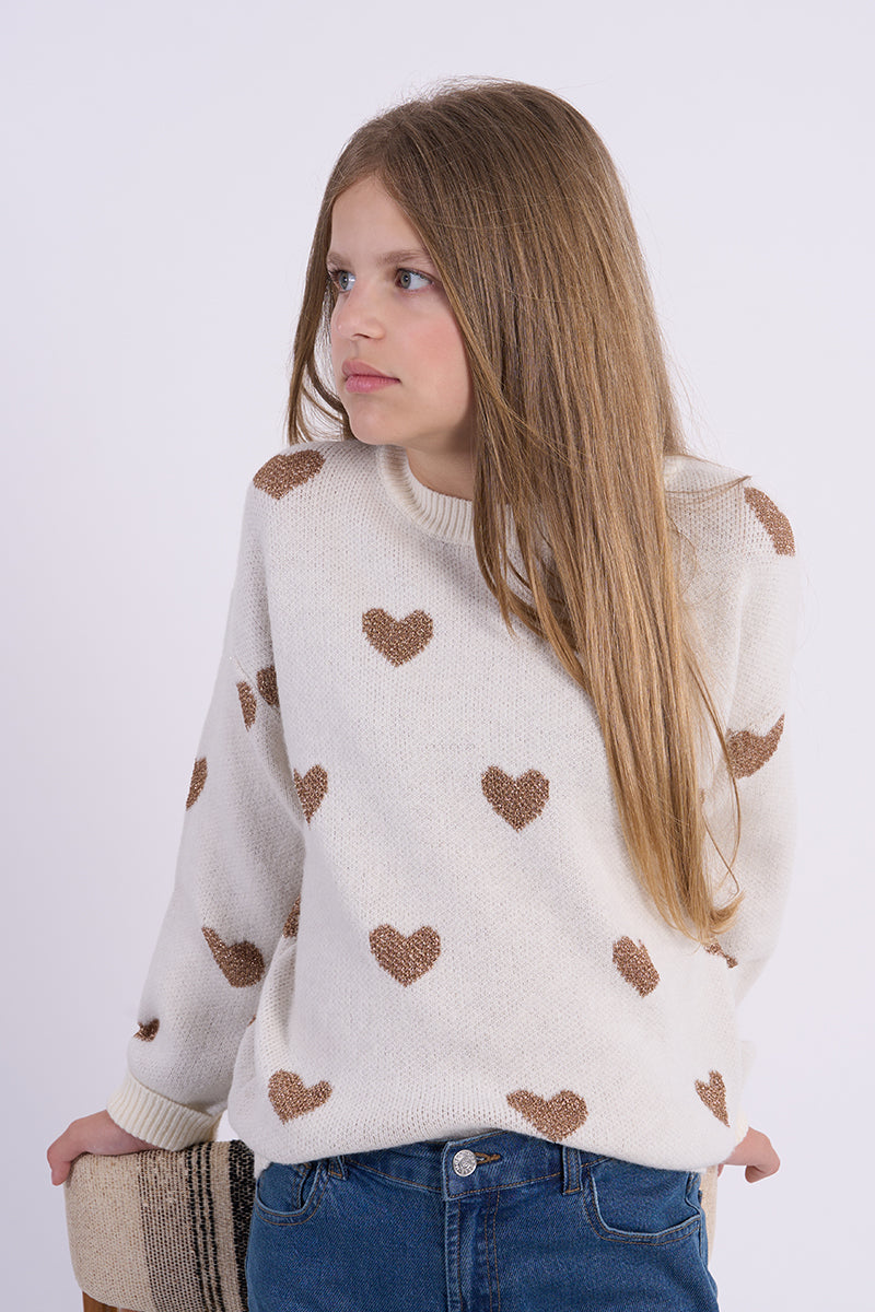 Knitted Sweater, Off White w/Hearts