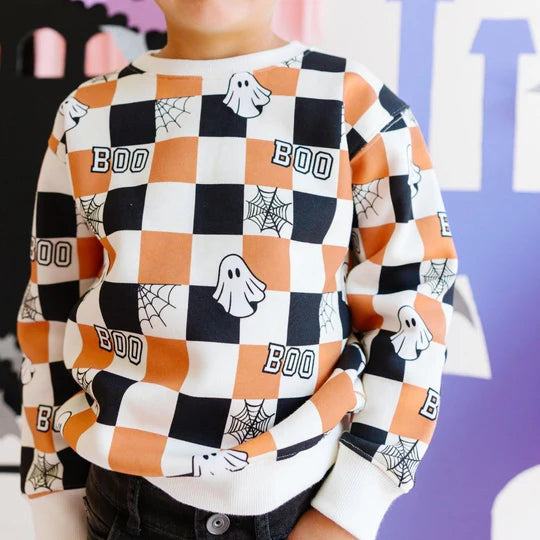 Boo Checkered Halloween Sweatshirt, Natural