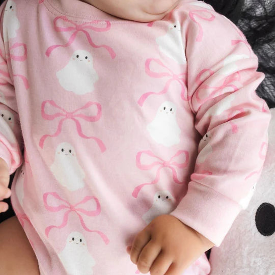 Coquette Ghost Halloween L/S Romper, Pink