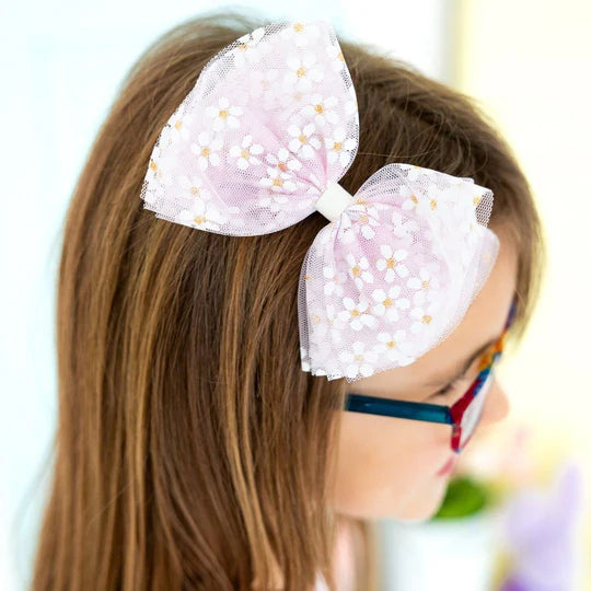 Pink Ditsy Daisy Tulle Bow Clip