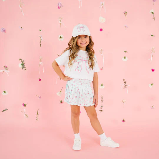 Sky Blue Floral Bow Patch S/S T-Shirt, White