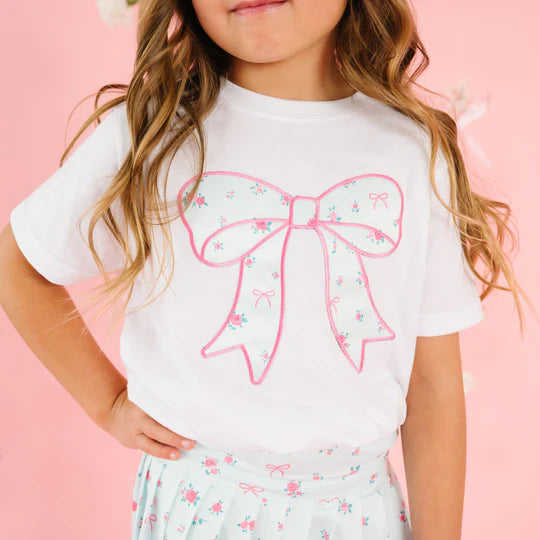 Sky Blue Floral Bow Patch S/S T-Shirt, White