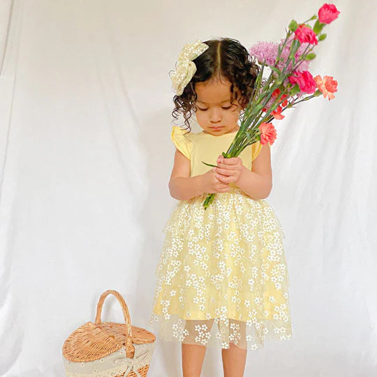 Sunshine Ditsy Daisy Tulle Bow Clip