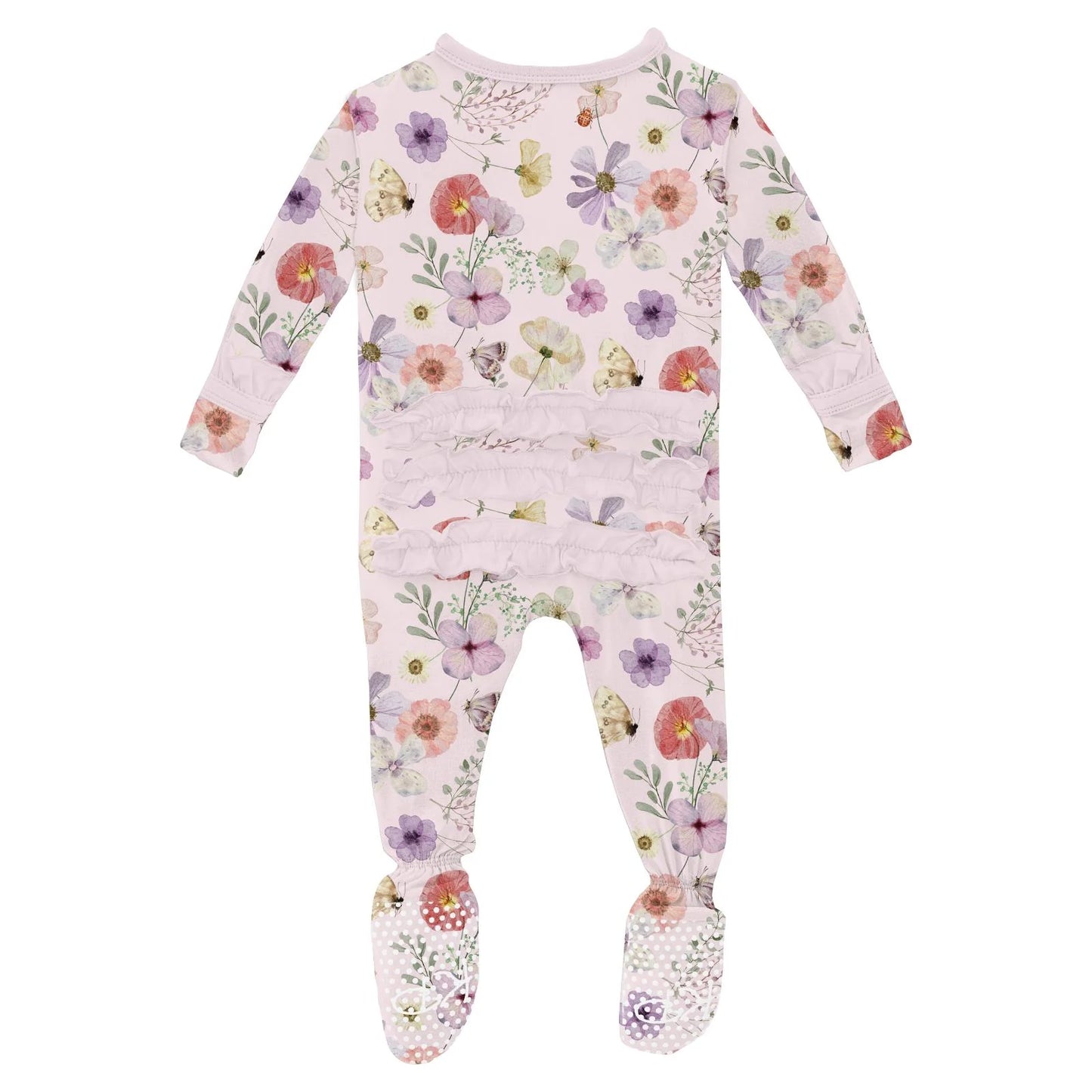 Ruffle Footie w/2-Way Zip, Shrinking Violet Pressed Flowers
