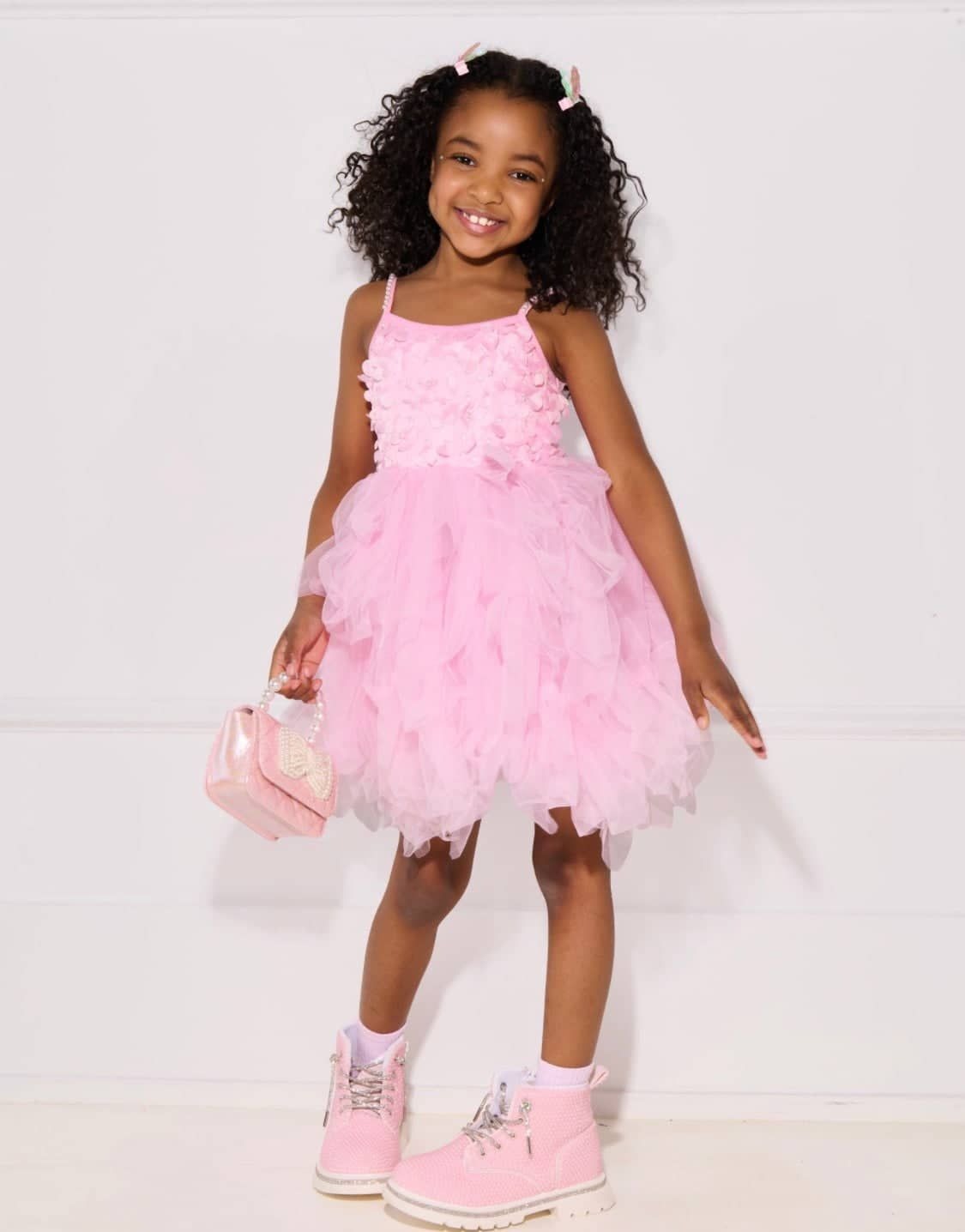 Pink 3D Flowers Tulle Dress